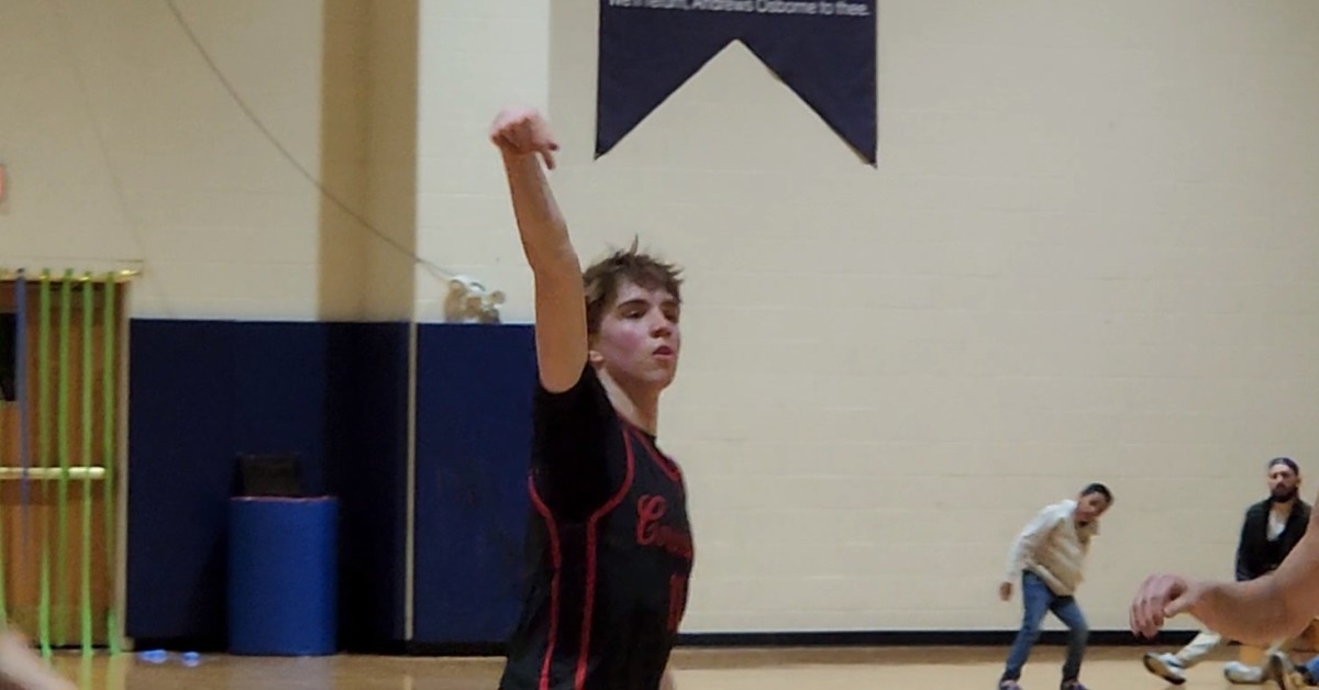 Cornerstone Christian's Quinn Kwasniak watches as a 3-pointer goes in during a win over Andrews Osborne Academe on February 16, 2024.